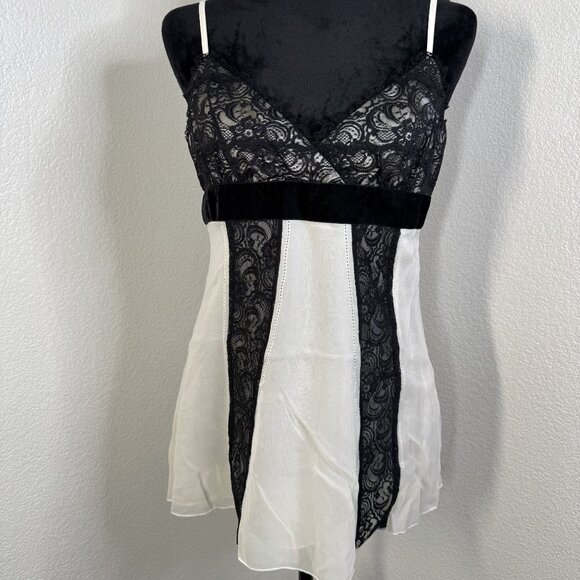 y2k Bebe Black‎ Lace & White Silk Dress With Velvet Trim Y2K Style M Side Zipper - Picture 1 of 5